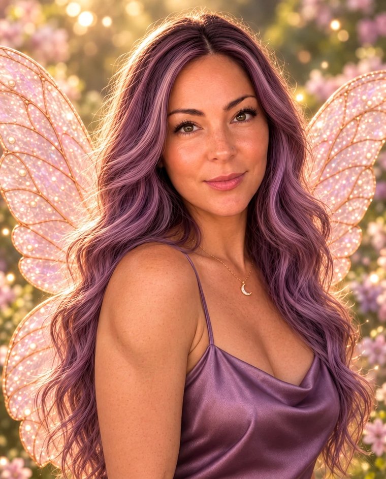 Portrait of Rachael, co-founder, with lavender-streaked waves, a plum silk top and pearlescent pink fairy wings in golden garden light