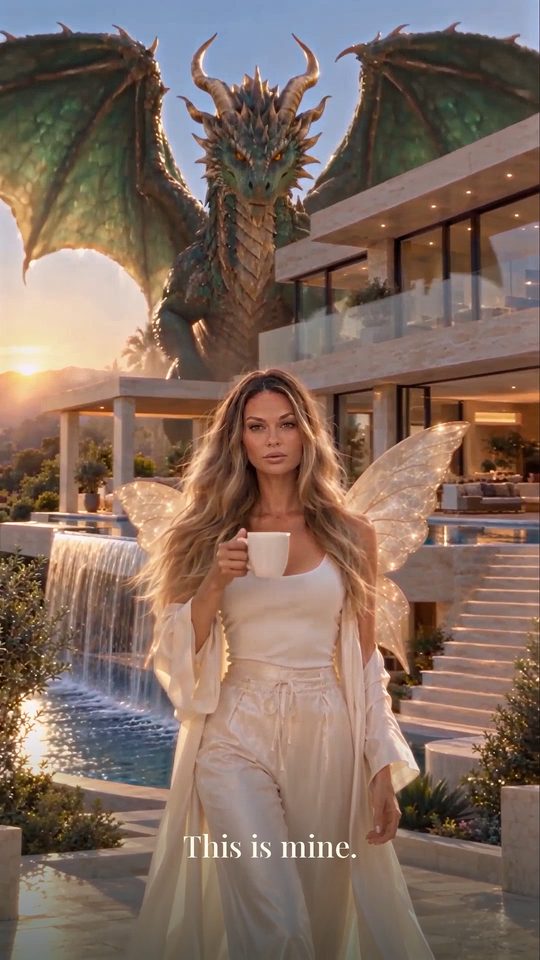 Mandi with her morning coffee while a giant green dragon looms behind her, a film by The Listing Fairies