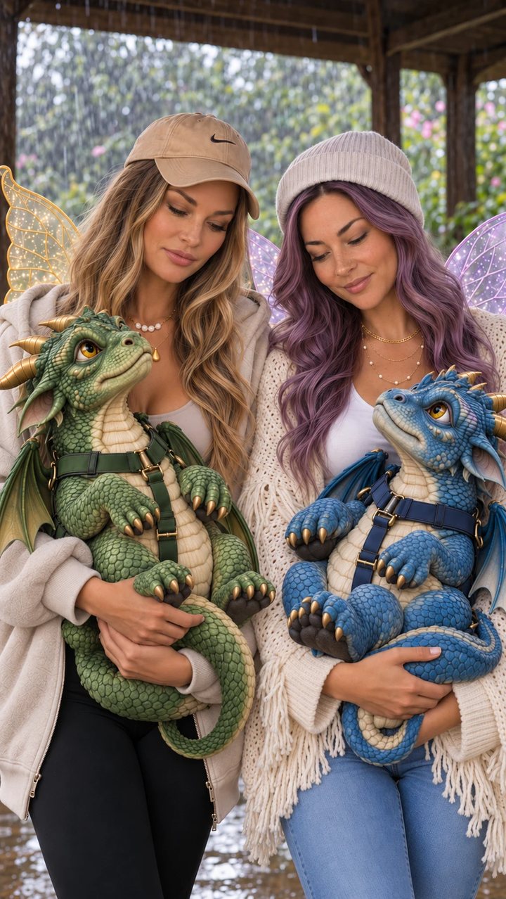 Mandi and Rachael, each with fairy wings and holding a baby dragon in a harness, a green dragon and a blue dragon, standing under a roof in the rain