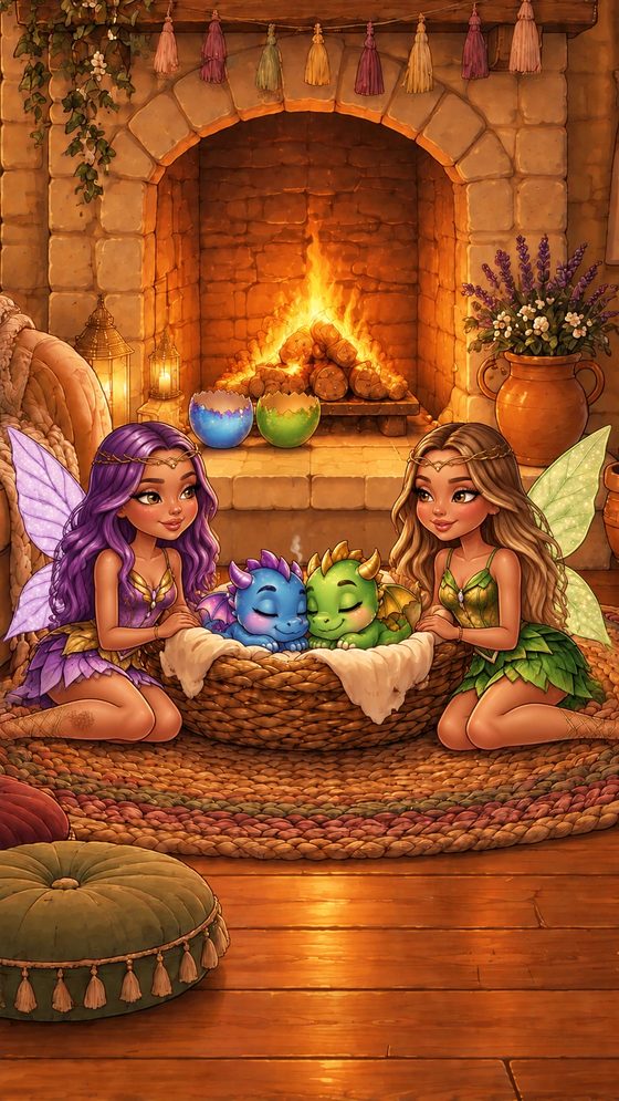 Cartoon Mandi and Rachael kneeling by a fireplace with two sleeping baby dragons in a basket