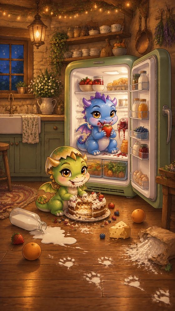 Two cartoon baby dragons raiding the fridge and a cake in a cozy kitchen at night