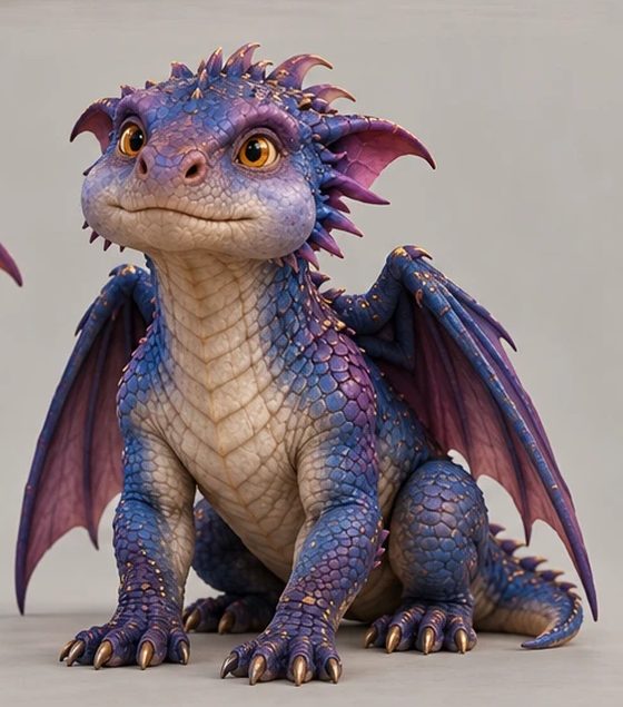 Gizmo, a baby dragon with blue and violet scales, golden eyes and gold claws, seated and looking up