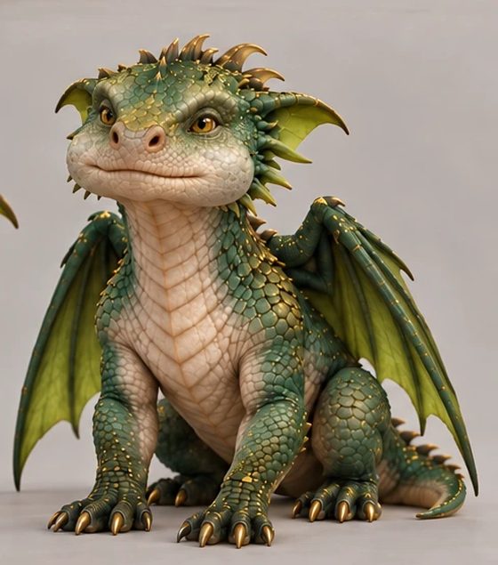 Pickles, a baby dragon with forest green and lime scales, golden eyes and gold claws, seated and looking up